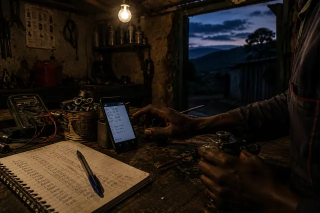 A workshop bench at dusk