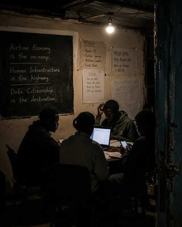 Four under a blackboard